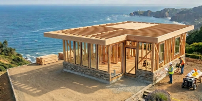 Modern wooden beach house on a cliff overlooking the ocean and coastline