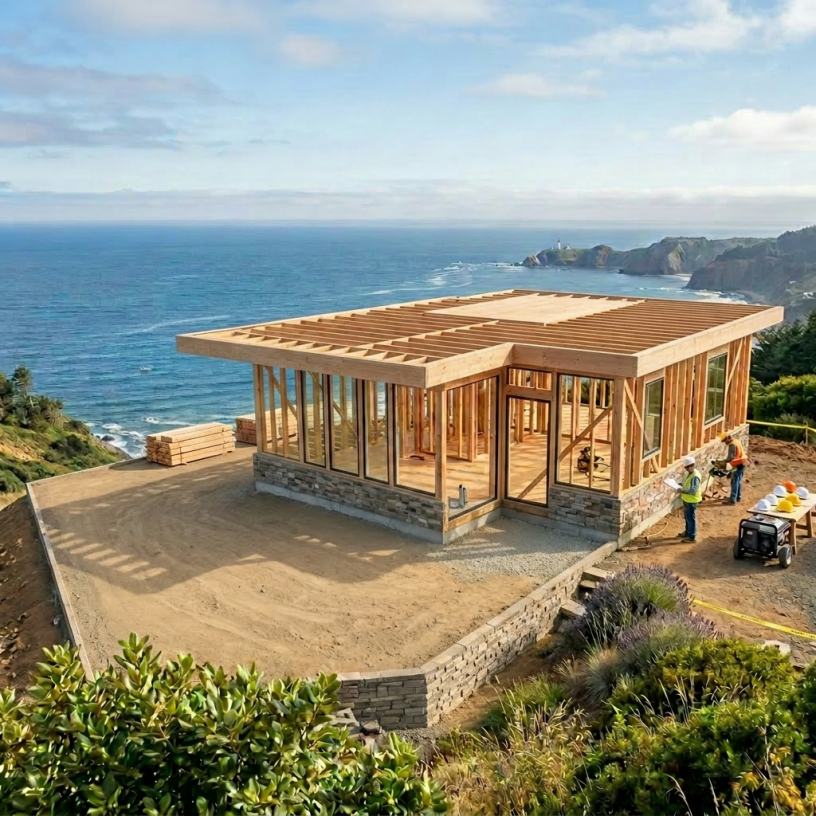 Modern wooden beach house on a cliff overlooking the ocean and coastline