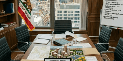 Lawyers in business attire reviewing real estate documents and zoning regulations around a conference table